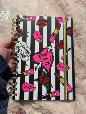 Betsey Johnson Black & White Stripe Notebook with Pink Lip & Lipstick Motif